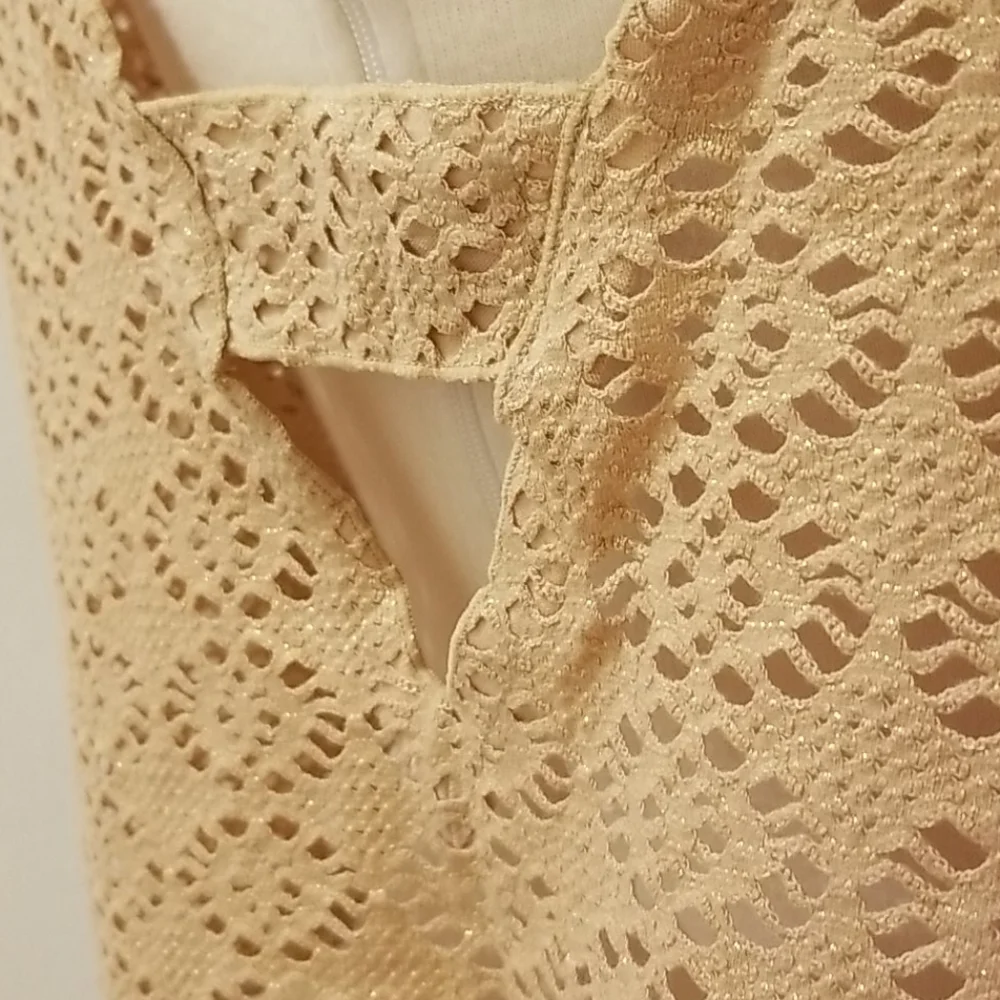 Free People Beach Metallic Gold Lurex Long Sleeve Cut Out Crochet Crop Top Sz L